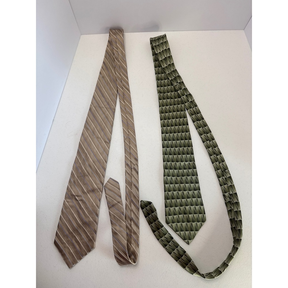 Covington Mens Silk Necktie Lot of 2 Tan Striped Olive Green Geometric Ties